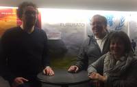 Regisseur Trimpop mit Achim Müller Blanck (Regionalkonferenz) und Marianne Neugebauer (AG Schacht Konrad) in Hannover